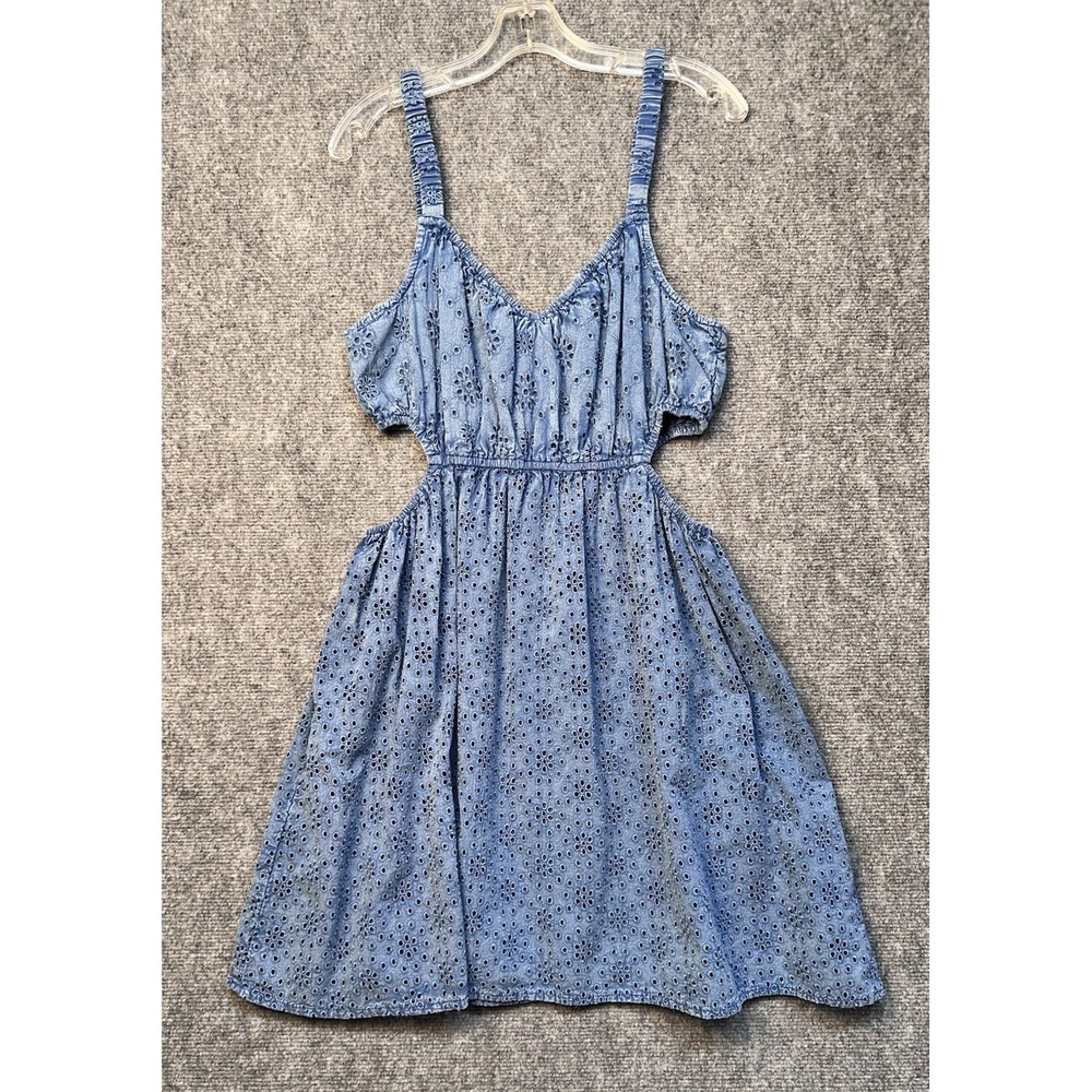 Rock & Roll Denim Eyelet Dress Blue Side Cutouts Lined Sundress Women L